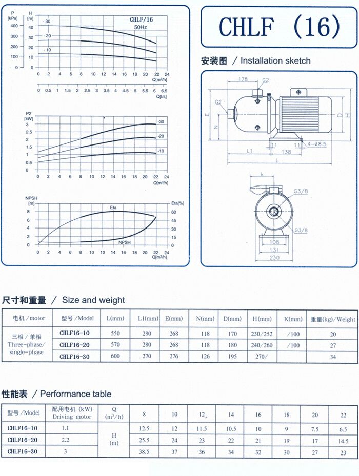 CHLF輕型不銹鋼多級離心泵尺寸和重量、性能表
